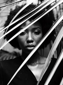 树叶后女人的优雅黑白肖像，捕捉自然之美