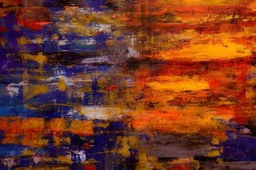 Free Dynamic abstract painting featuring vibrant blue, orange, and yellow hues on canvas. Stock Photo