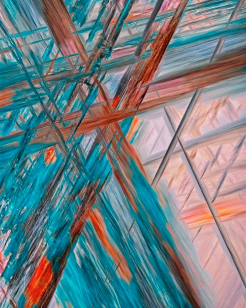 Abstract painting of a glass building with blue and orange colors