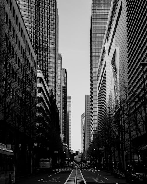 Black and white photo of a city street