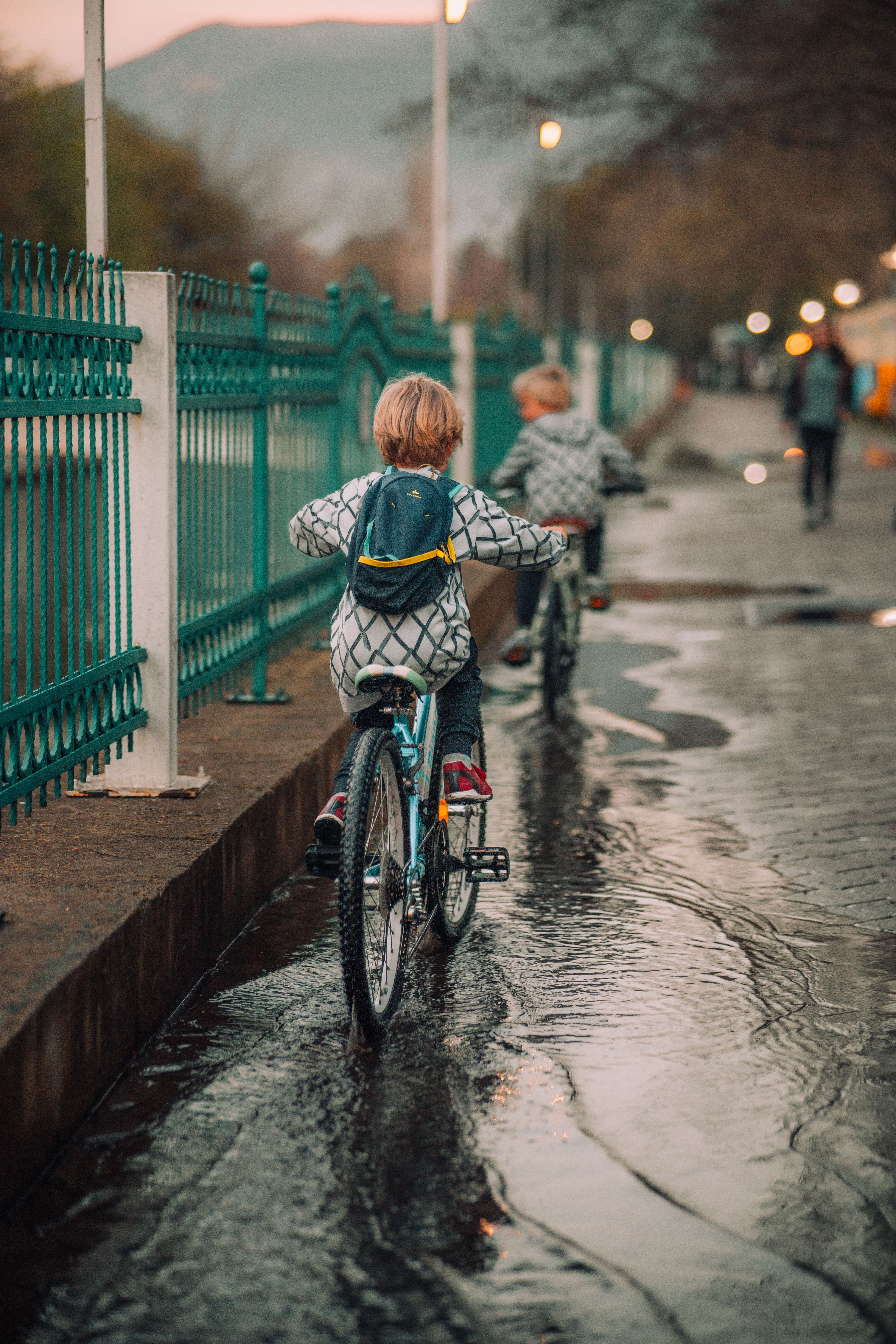 Back View of Children Riding Bicycles on a Street after Rain · Free ...