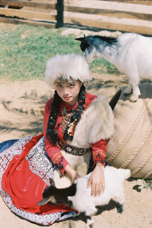 Young Woman in a Red Dress and White Fur Scarf is Playing with Baby Goats