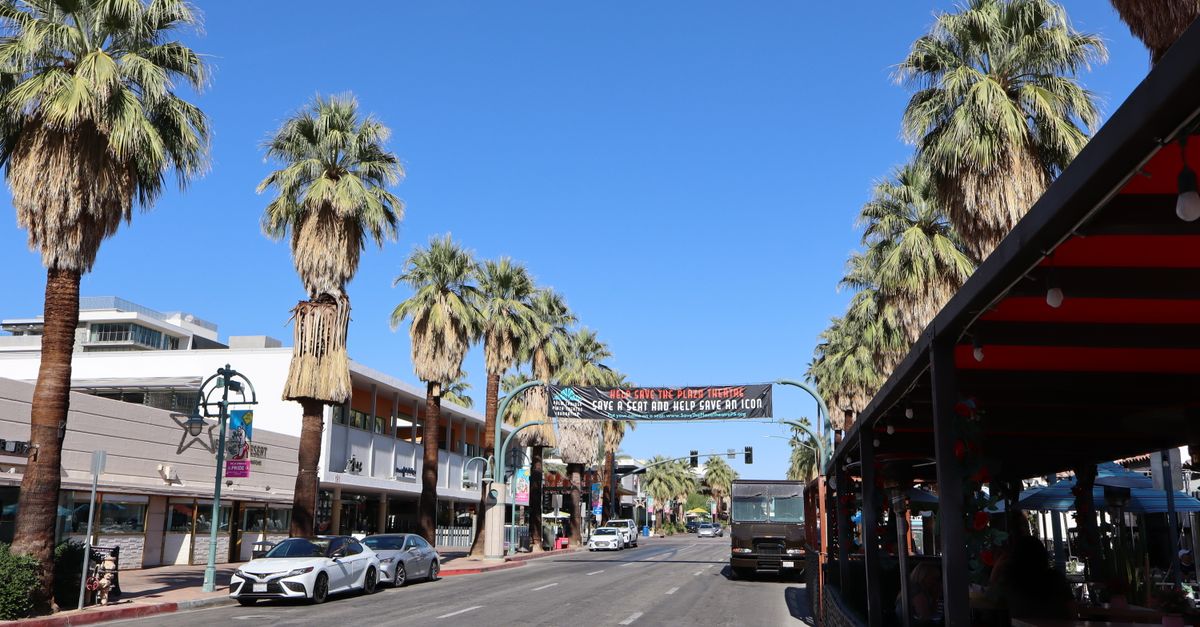 A bright Palm Springs street featuring iconic palm trees under a clear sky.