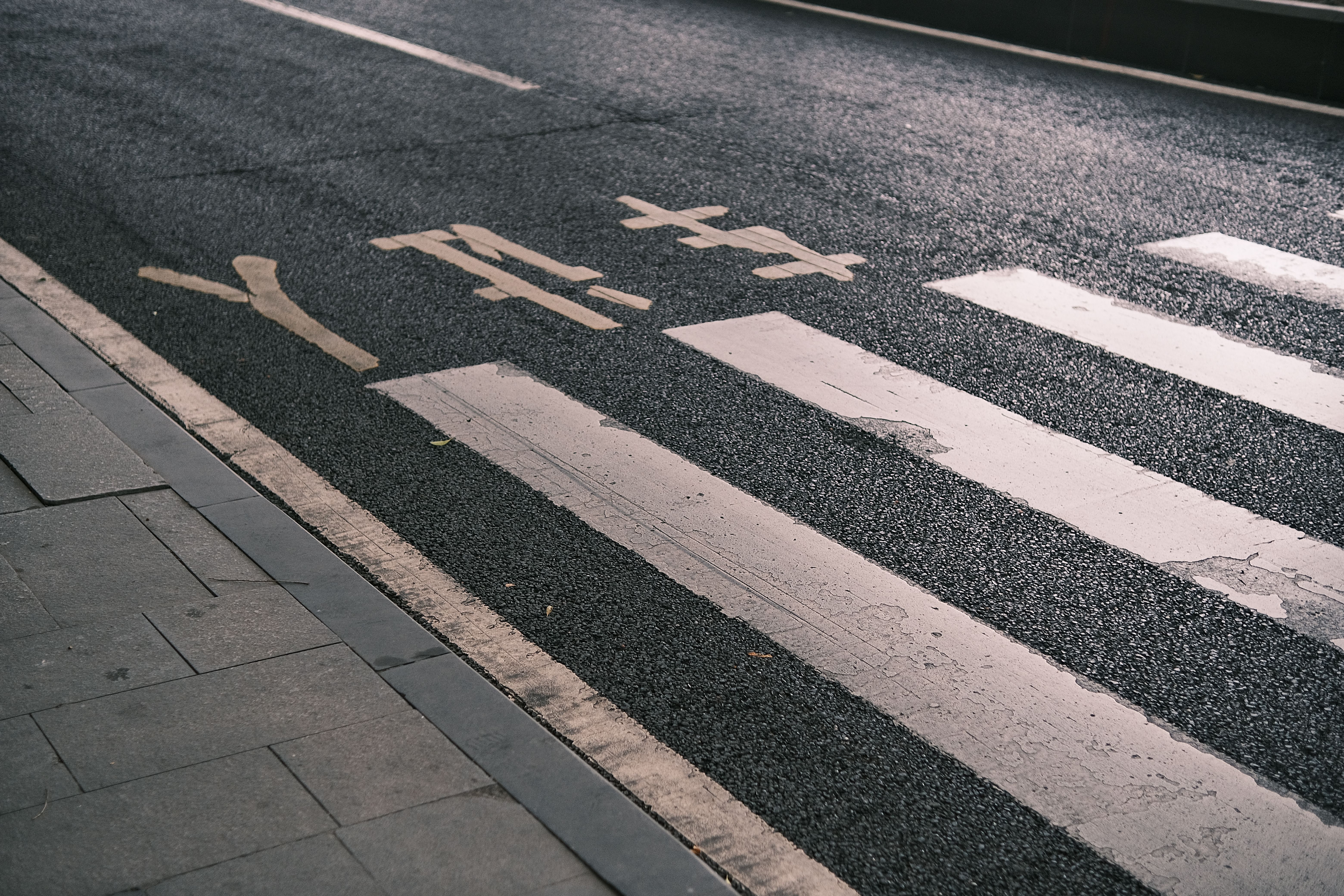 A quiet Japanese city street with visible pedestrian crossing and markings.