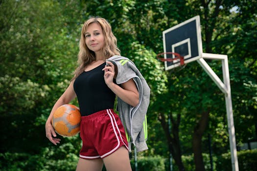 Young woman holding a basketball on an outdoor court, wearing sportswear and smiling.