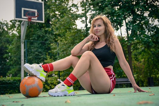 Young woman in athletic outfit sitting on a basketball court outdoors.