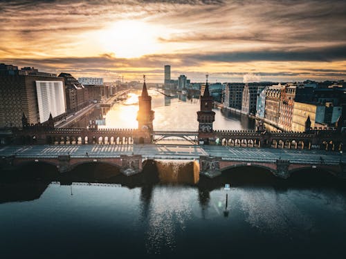 Drone Shot of the Oberbaum Bridge Crossing the River Spree in Berlin, Germany at Sunset
