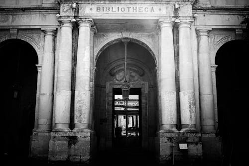 Entrance to a Classic Library in Black and White 