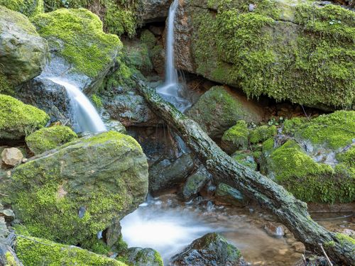 Free Tranquil waterfall cascading over moss-covered rocks in a forest setting. Stock Photo