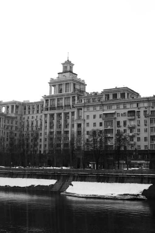 Free Historic Moscow architecture in winter by the river in black and white. Stock Photo
