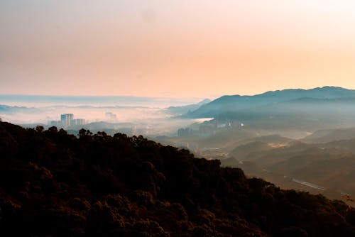 A view of a valley with mountains and trees