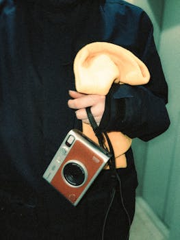 A person holds a vintage camera and yellow cloth, capturing the essence of nostalgia and photography.