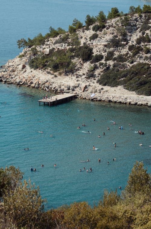 A group of people swimming in the water near a pier