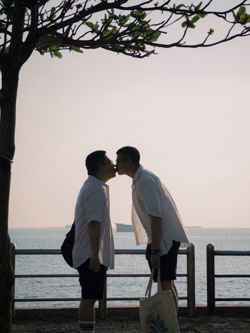 Two men kissing in front of the ocean