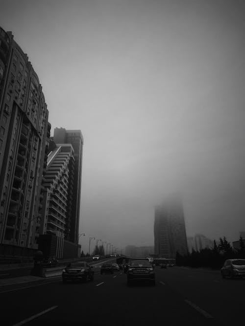 Kostnadsfri bild av bilar, byggnader, dimma