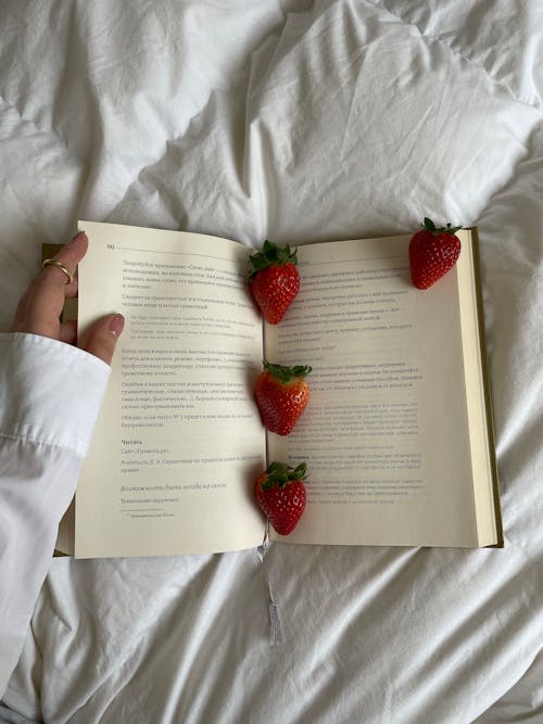 Gratis stockfoto met aardbeien, bed, boek