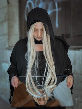 一名身穿黑色连帽衫的女子凝视着反光镜，显得神秘莫测