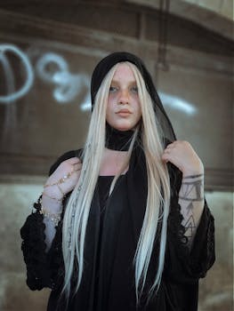 一名女子身着引人注目的黑色服装，展示了独特的纹身和珠宝