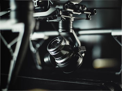 A detailed close-up shot of a camera drone with a high-tech lens.