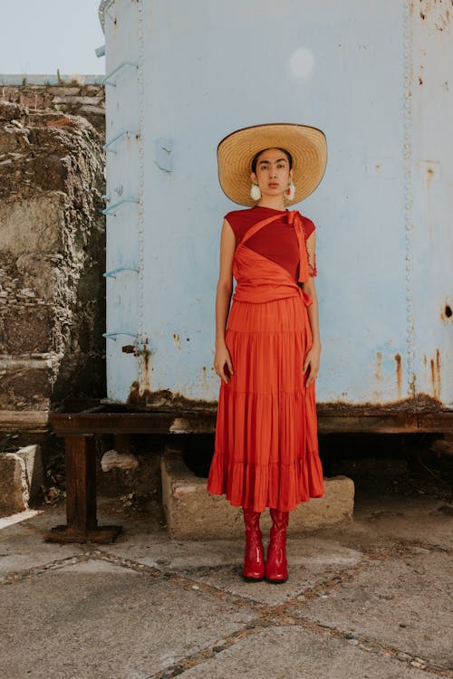 Woman in Sombrero and Red Dress