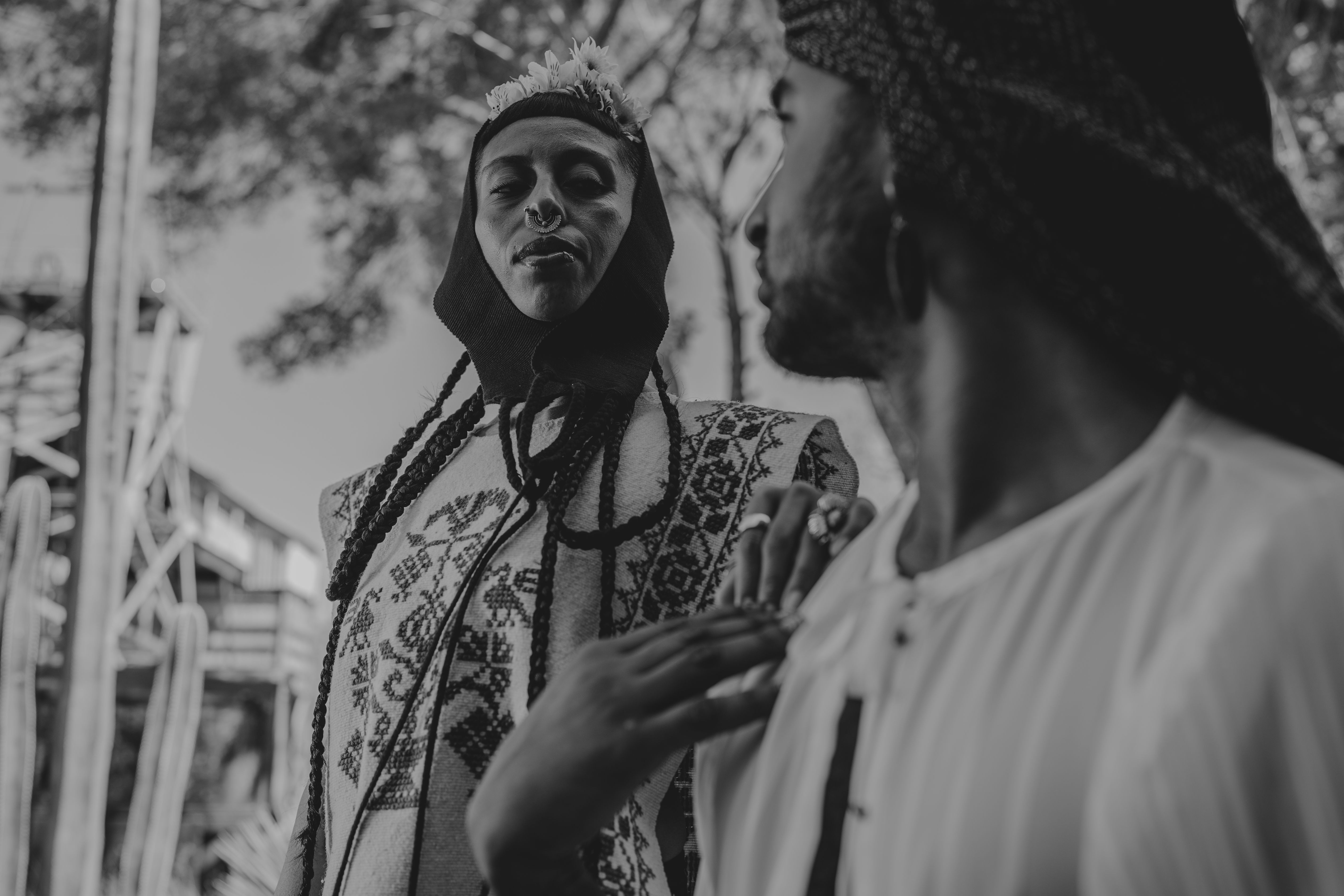 A striking black and white photo capturing traditional clothing in Guanajuato, Mexico.