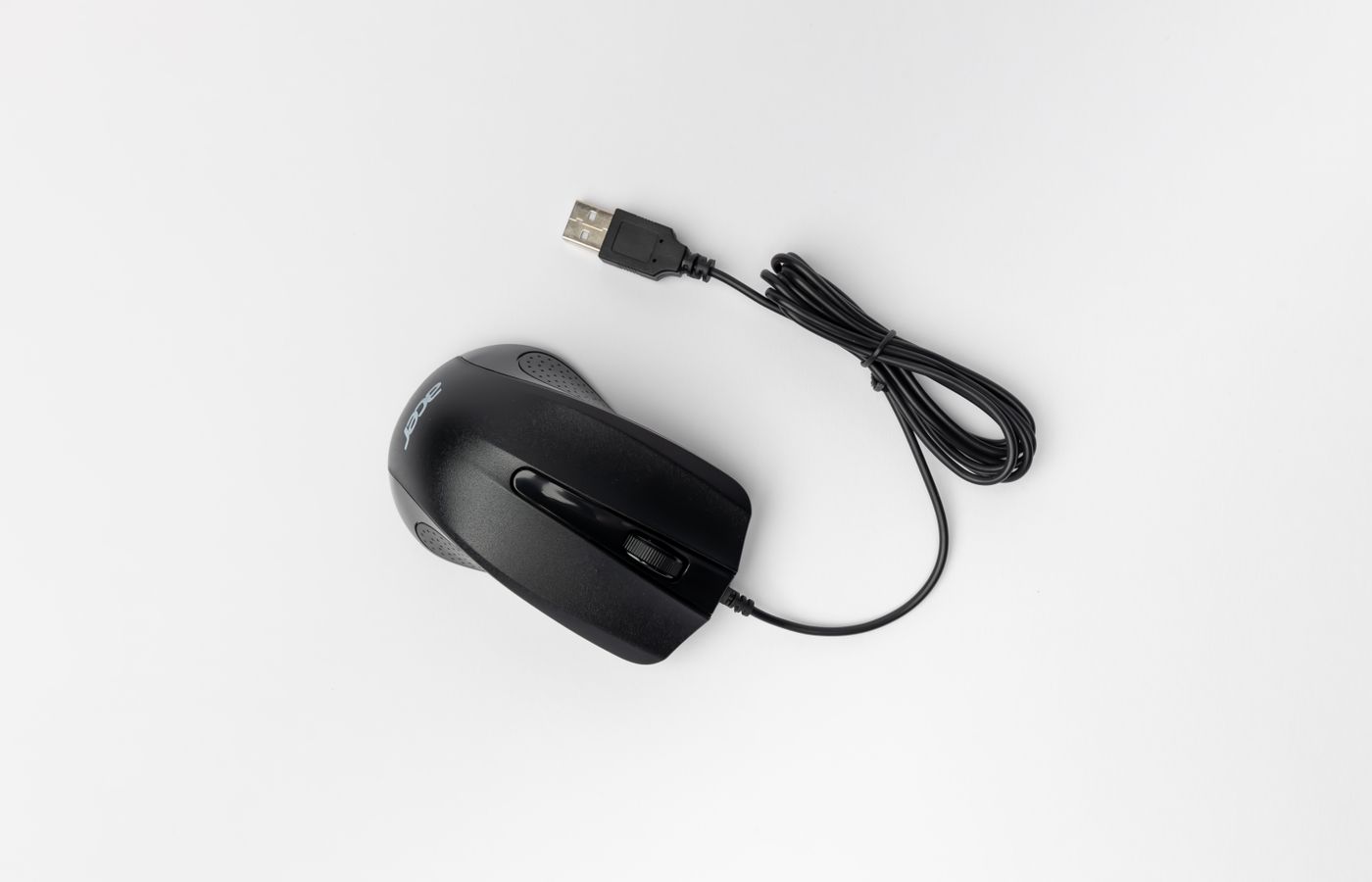 A black wired USB computer mouse with a white background, perfect for various computing needs.