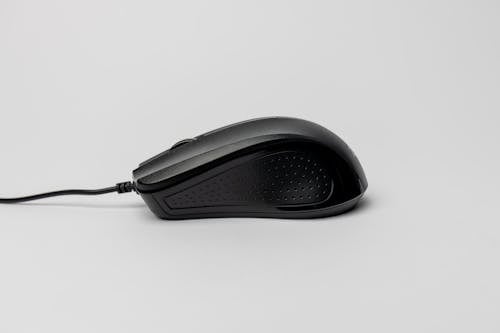 A black computer mouse on a white background