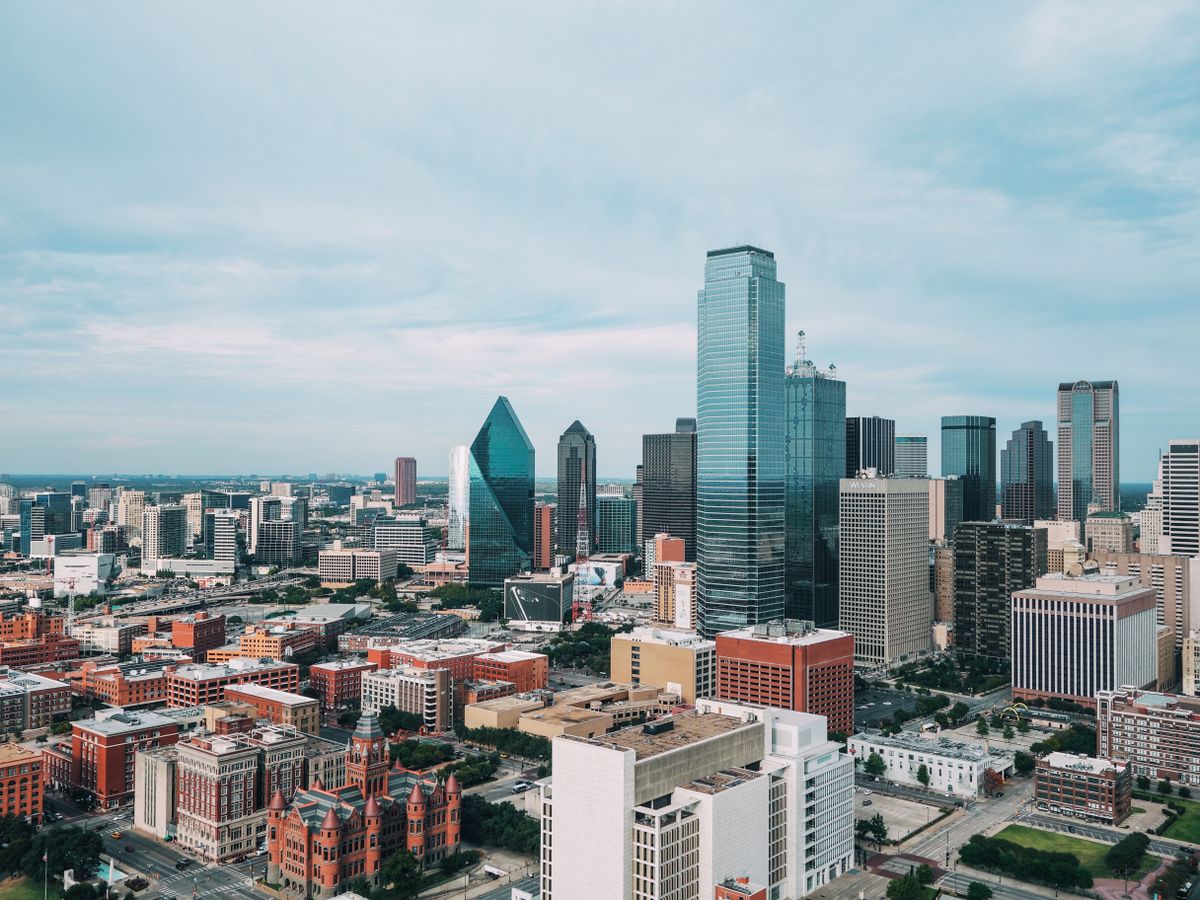 Vibrant Dallas skyline from the air