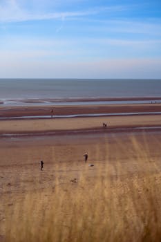 People enjoying a peaceful day at Camber Sands beach, East Sussex, England.