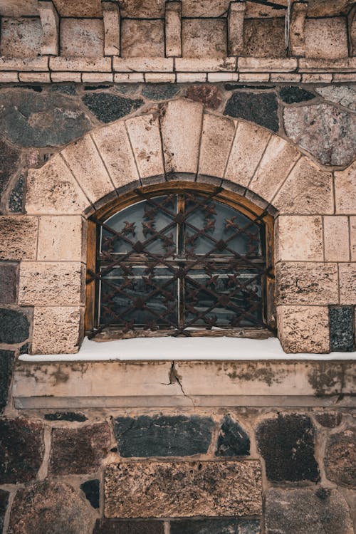 A window with a stone wall and snow on the ground