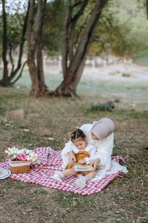 Free A loving mother and daughter share a picnic in a serene outdoor setting with flowers. Stock Photo