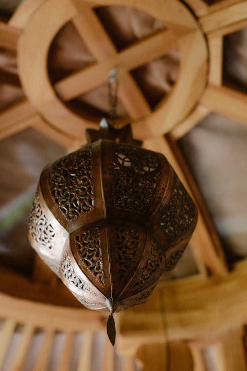 A decorative lantern hanging from the ceiling