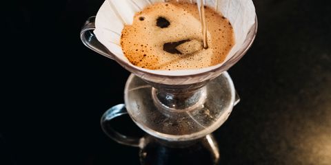 Top view of a pour-over coffee brewing process using a filter dripper set.