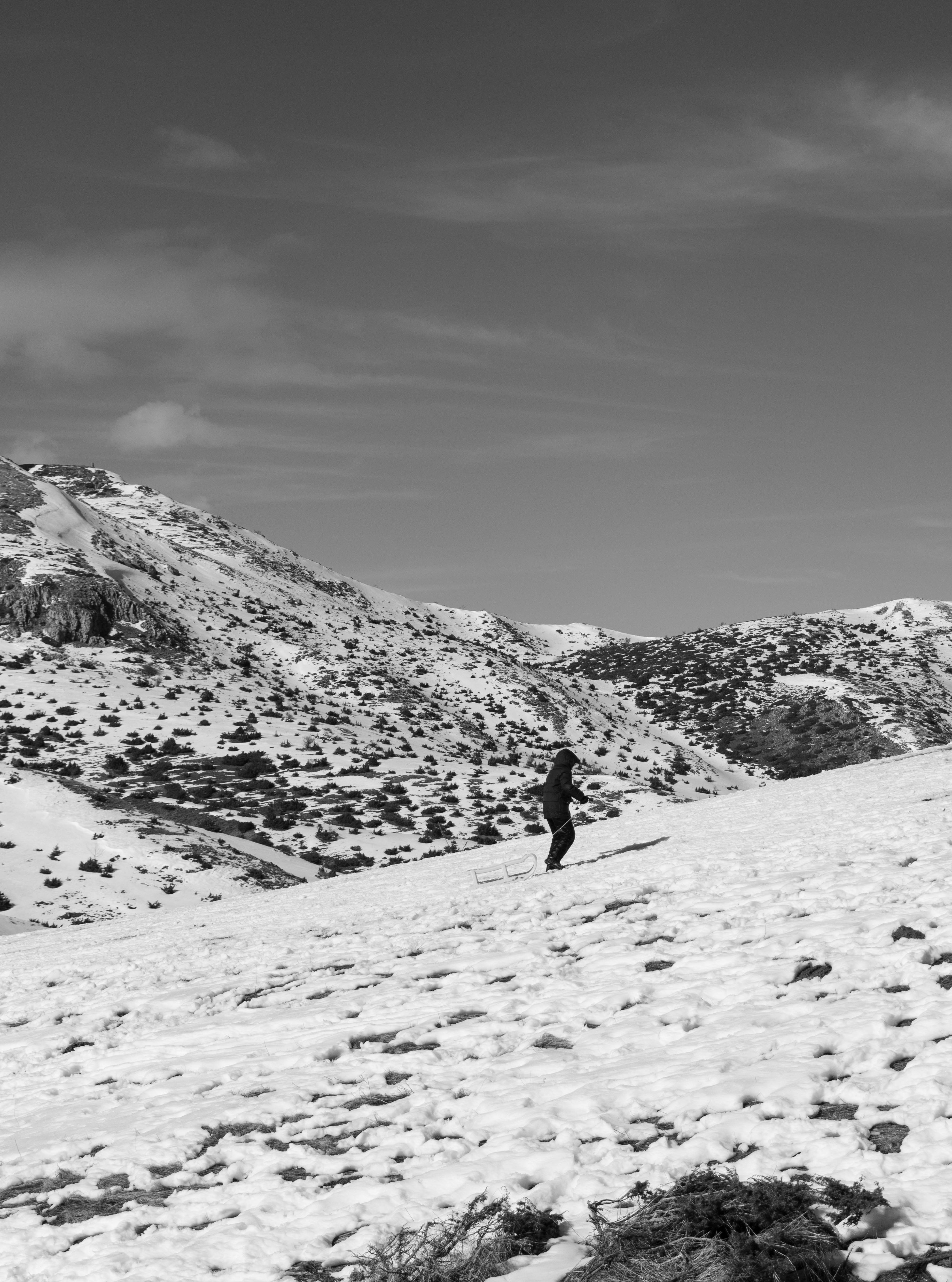 Explore the serene winter landscape of Mavrovo, North Macedonia in black and white.