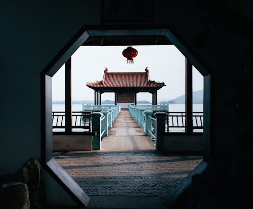 A view of a bridge with a chinese lantern