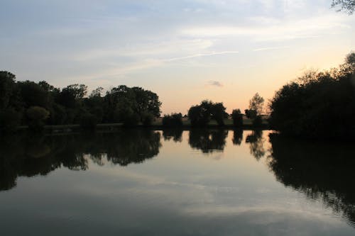 View of a Body of Water Surrounded with Trees at Sunset