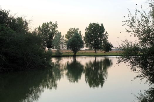 A tranquil evening scene with trees reflecting in a calm lake.