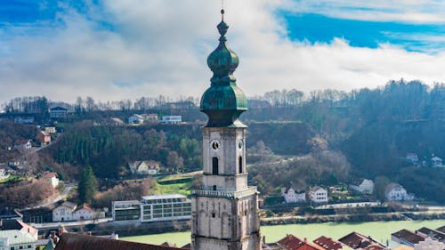 A church tower with a clock on top