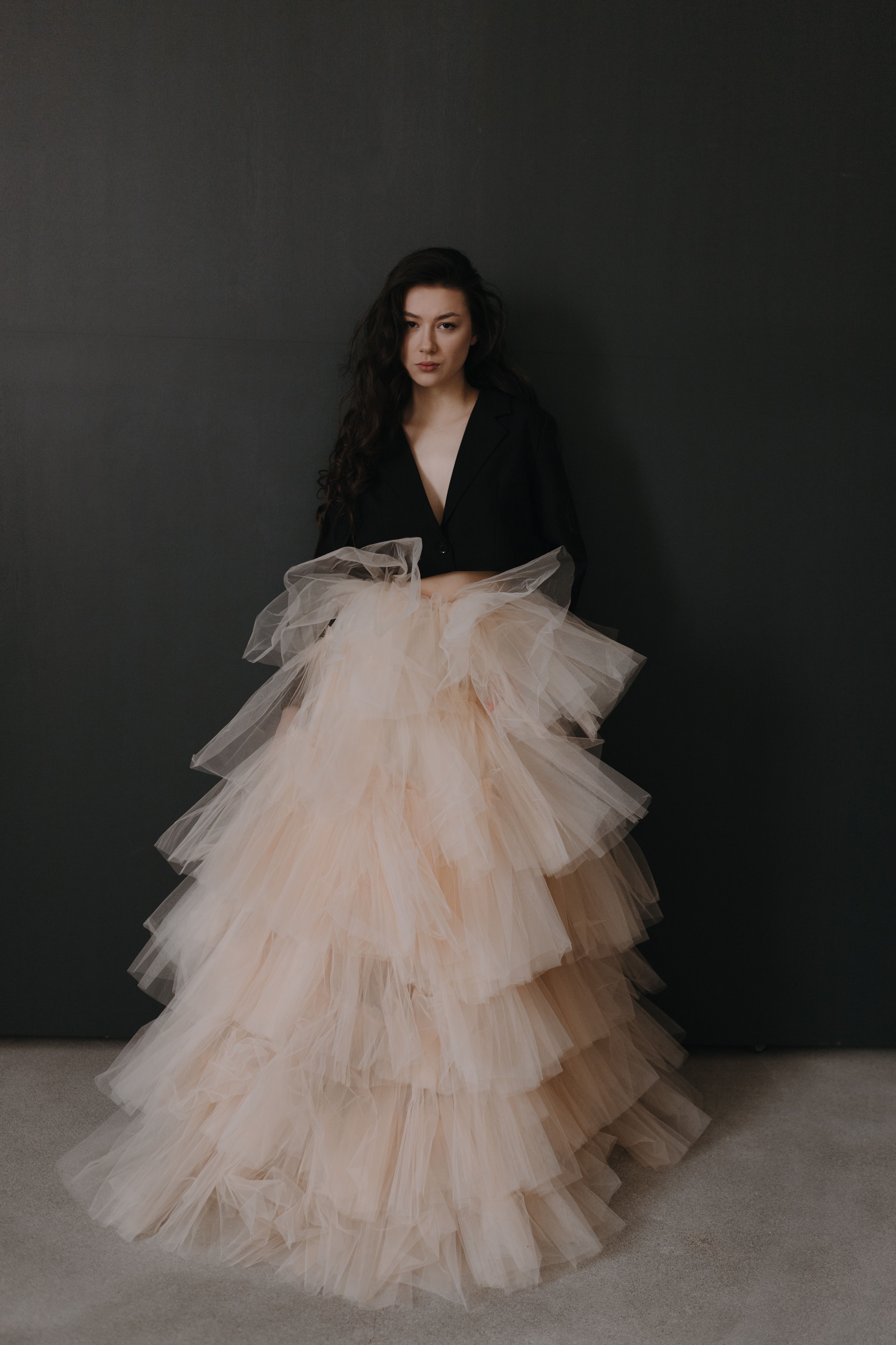 Pink tulle skirt with black fitted top