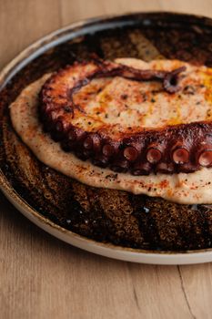 Close-up of grilled octopus served on a flavorful puree, perfect for seafood lovers.