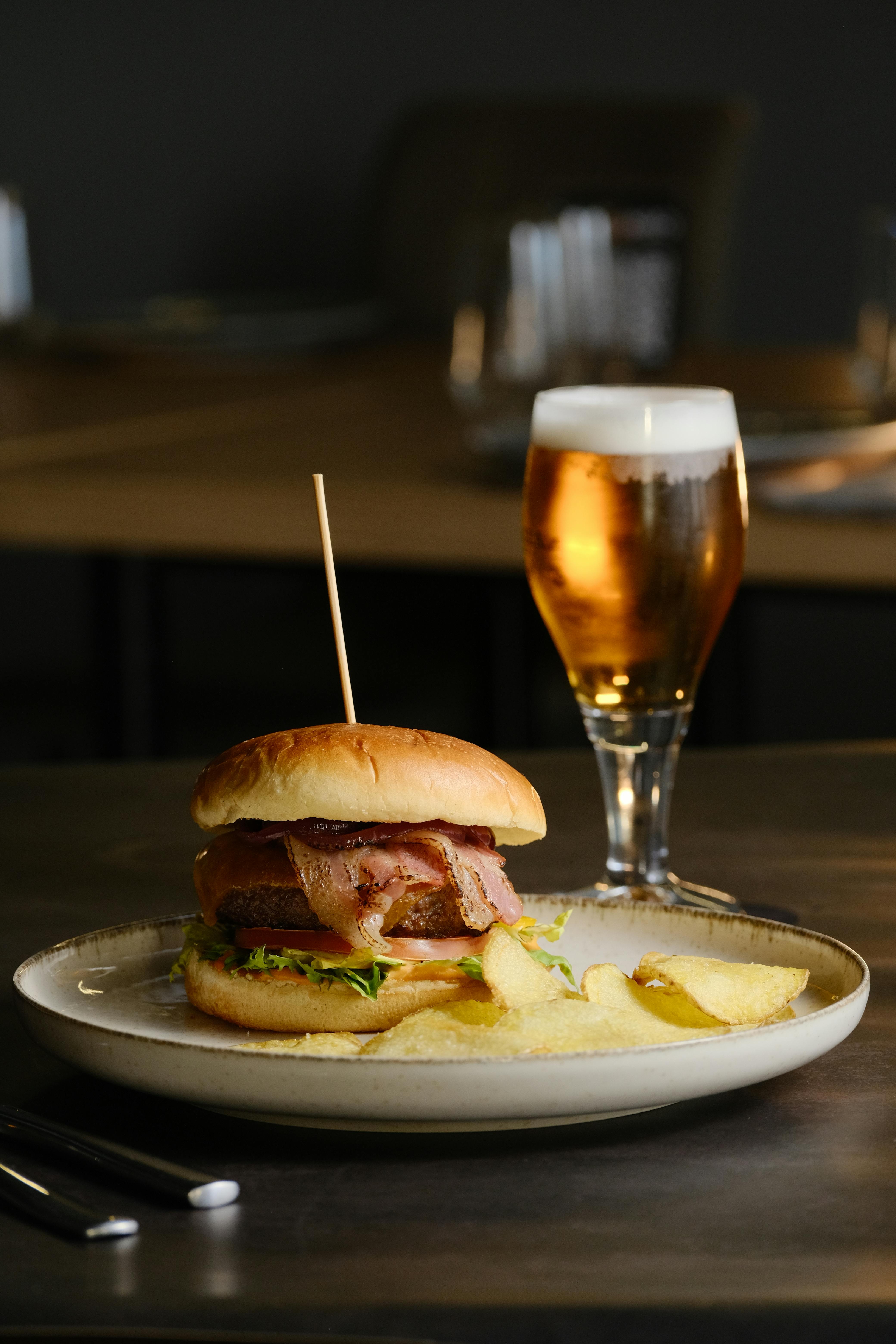 hamburger chips and beer