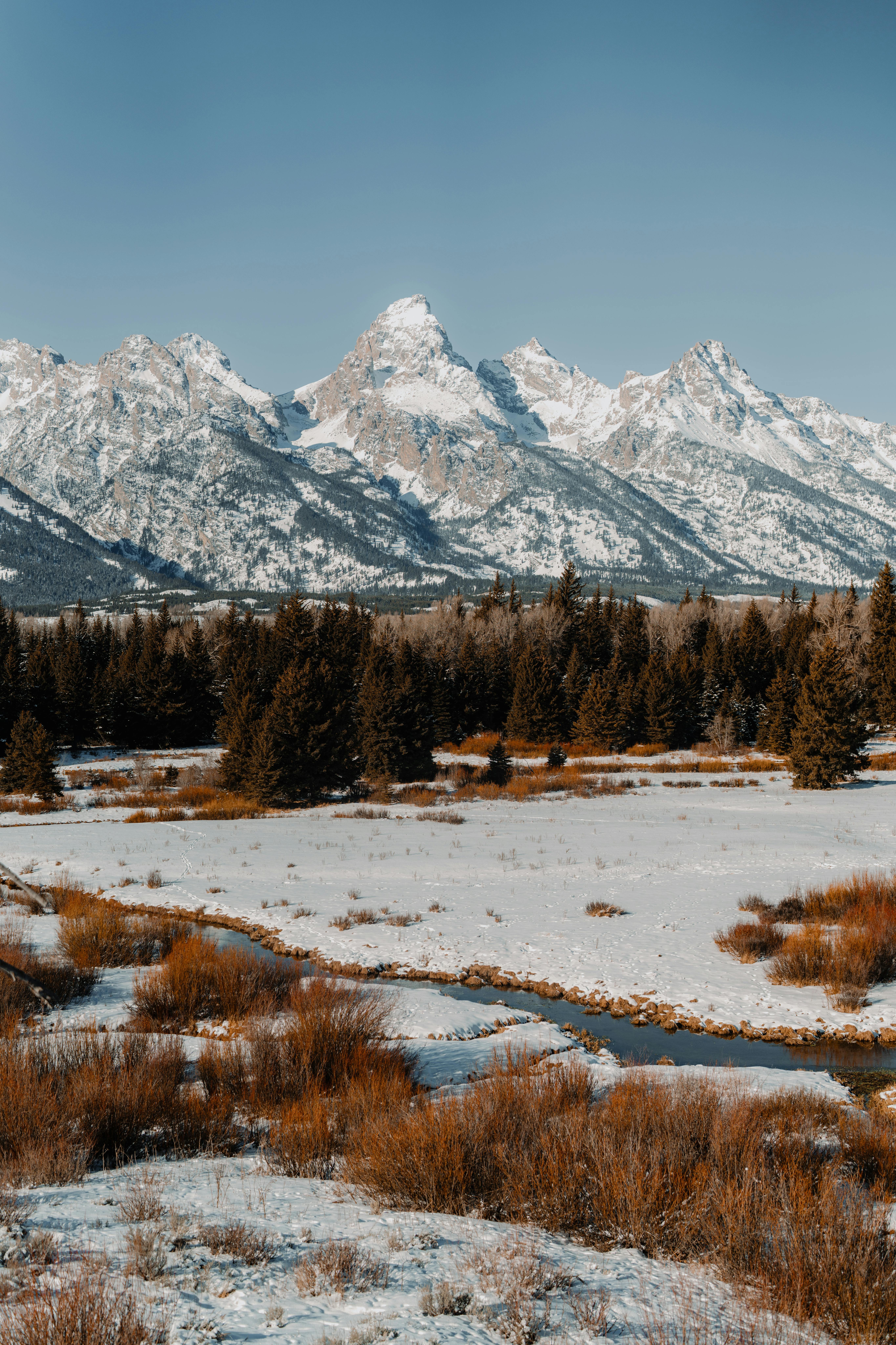 Majestic snow-capped mountains with a river flowing through a winter landscape under a clear blue sky.