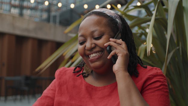 Smiling woman having a pleasant phone call outdoors surrounded by plants.