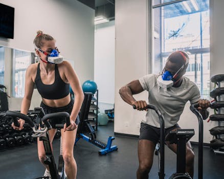 Athletes training indoors with specialized breathing masks for enhanced workout.