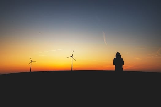 Silhouette of a person and wind turbines against a vibrant sunset sky, symbolizing renewable energy.