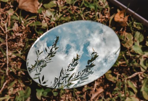 Free Artistic image of clouds and leaves reflected in a round mirror on grass. Stock Photo