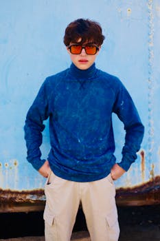Fashionable young man wearing a blue sweater and sunglasses standing against a blue background.