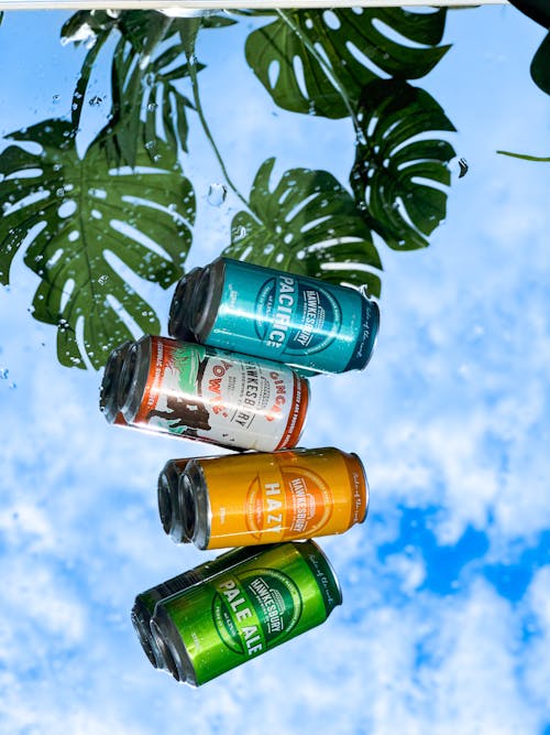 Four cans of beer are shown in the sky