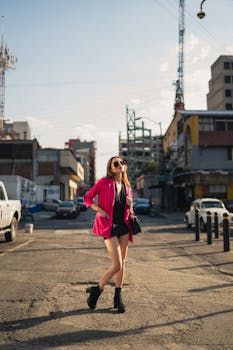 Confident woman in pink jacket struts through lively urban street in Mexico City.