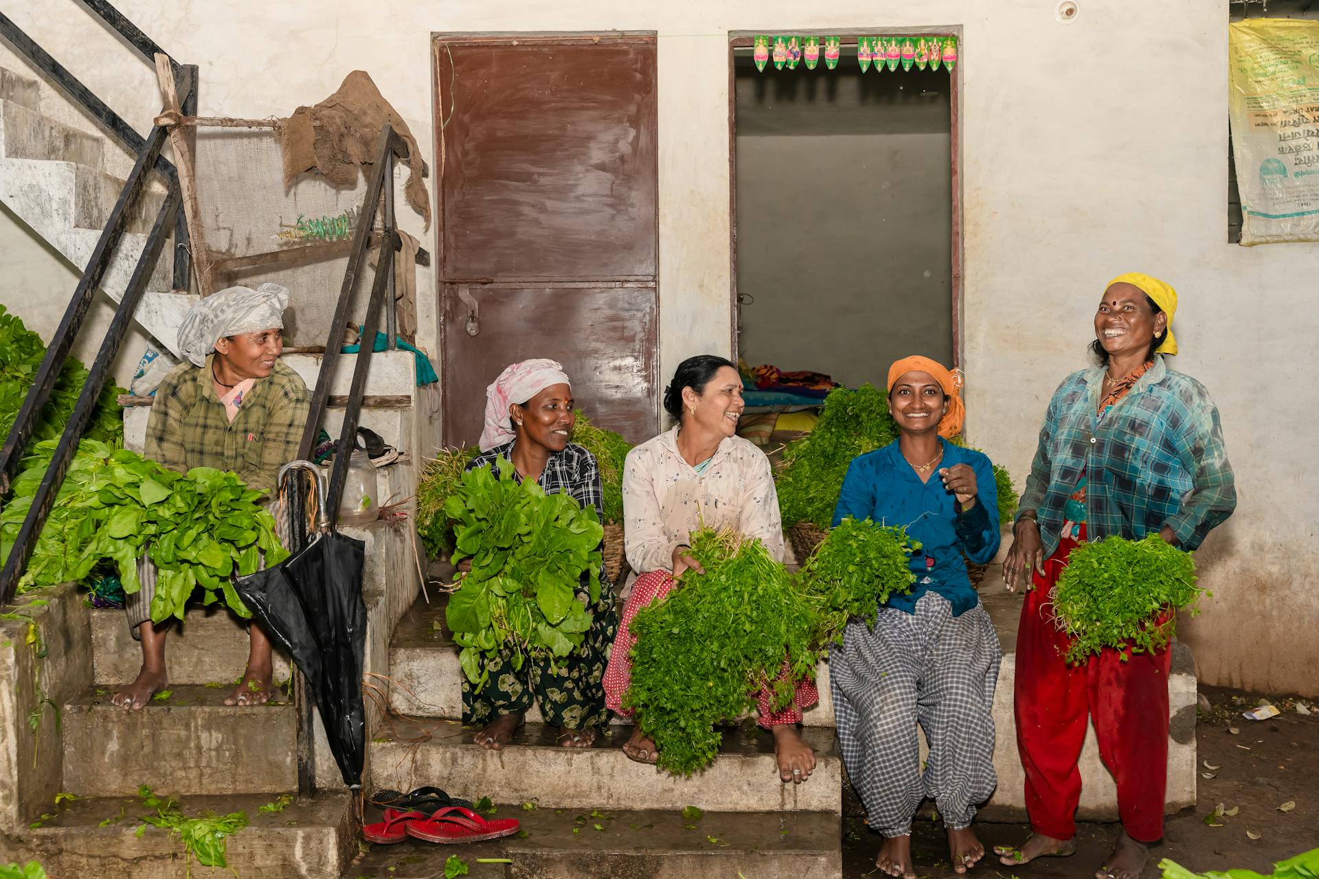 Smiling Indian women farmers harvesting fresh greens, showcasing vibrant rural life.